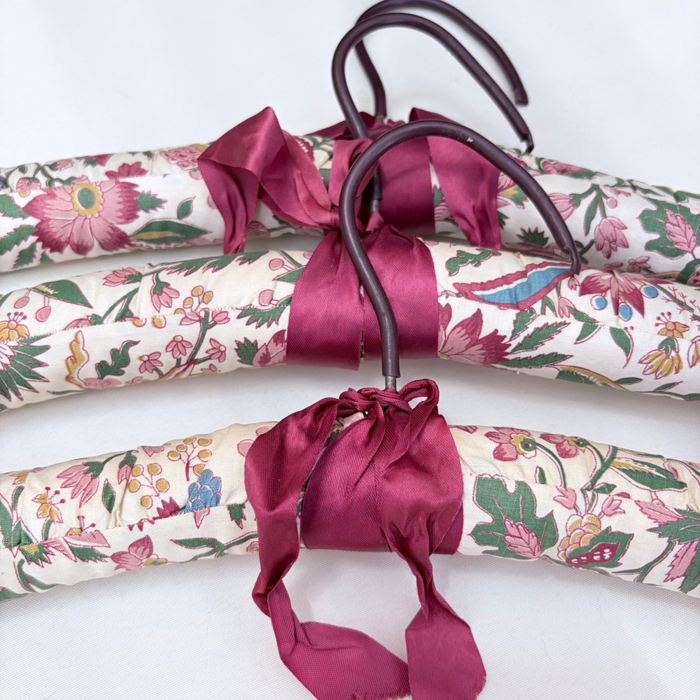 Vintage Padded Floral Hangers Set of 3 Pink Burgundy Ribbon Chintz Cottagecore